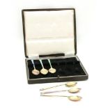 A cased set of six guilloche enamel and silver gilt spoons, by Turner & Simpson ltd, Birmingham