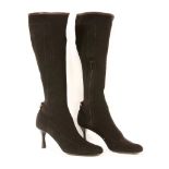 A pair of ladies' Gucci brown canvas heeled boots, with brown leather trim, featuring a side zip and