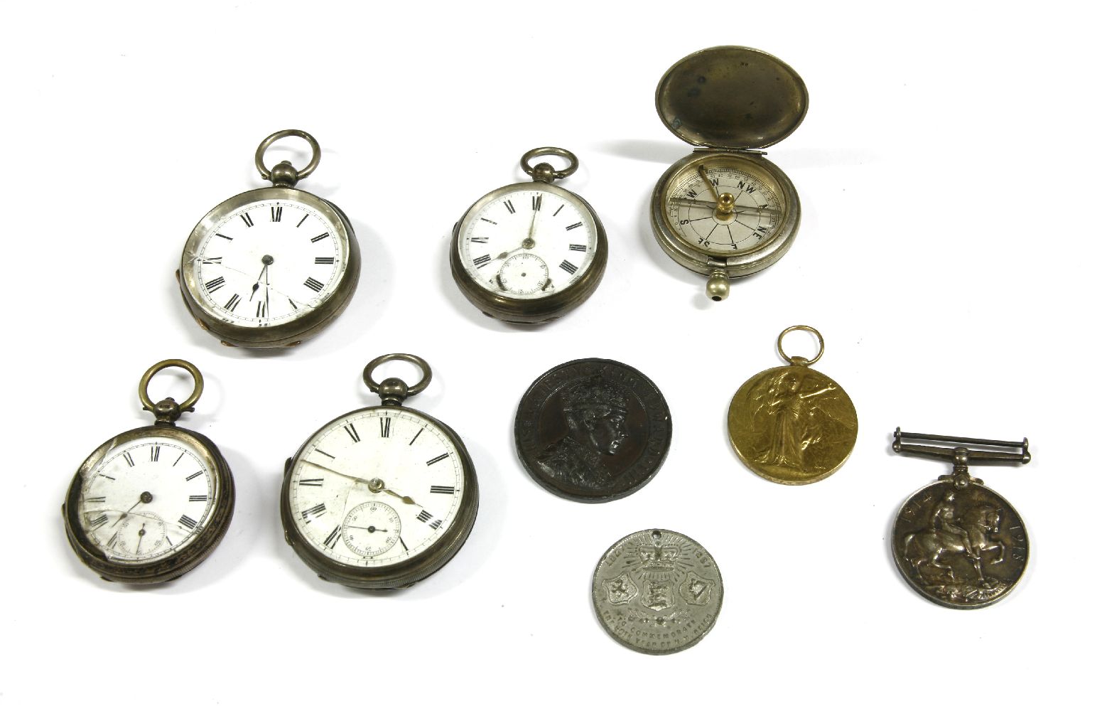 A collection of pocket watches, four silver open faced pocket watches with Roman numerals, a