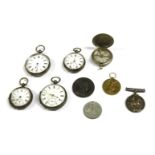 A collection of pocket watches, four silver open faced pocket watches with Roman numerals, a