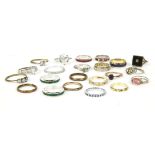 A collection of gold and costume rings, to include a 9ct gold synthetic spinel band ring, 1.63g, a