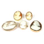 Four assorted gold shell cameo brooches, to include three 9ct gold shell cameo brooches, rub set