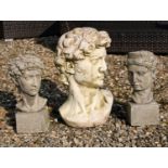 A pair of garden busts depicting classical maiden and companion plinth bases