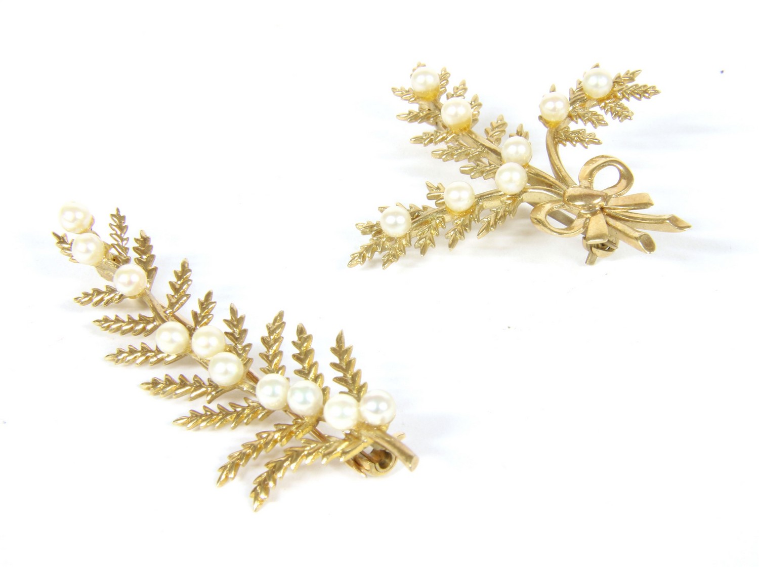 Two 9ct gold cultured pearl fern brooches