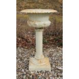 A cast iron egg and dart rimmed urn raised on a fluted plinth on a square base, 82 high x 48