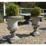 A pair of reconstituted stone campagna form urns on square plinth bases