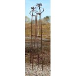A pair of wrought iron garden obelisks of pyramidal form with crown finials, 229 cm high x 38 wide