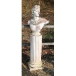 A white painted reconstituted stone bust of a Grecian dignitary on fluted column