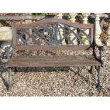 A teak and patinated metal garden bench
