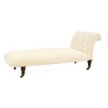 A mahogany framed day bed with off white buttoned upholstery, 170 cm long x 67 cm deep x 65cm high