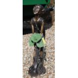 A bronze garden fountain modelled as a Pixie holding a lily pad, 76cm