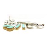 William Comyns silver box, one smaller, dressing table set, two quaich and a toast rack