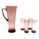 An amethyst glass lemonade set, consisting of a jug, and four tumblers, by Whitefriars, British,