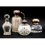 Five silver mounted cut glass scent bottles , an inkwell and two boxes and an inkstand