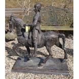 Bronze garden statue depicting a centurion on horseback, 108cm wide, 50cm deep, 132cm high