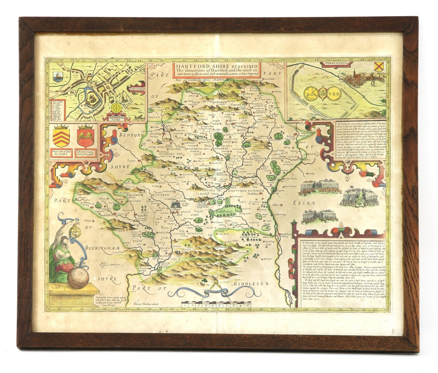 A John Speede hand coloured map of Hertfordshire