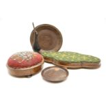 A collection of treen, a cutlery box, a pair of coasters, three beadwork stools, three bowls, two