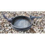 A lead circular bird bath with two perching birds, 53 wide x 20 high