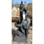 A bronze garden fountain with classical female figure seated beside a font, 100cm high