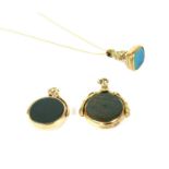 A 9ct gold swivel fob, rub set with a circular bloodstone and cornelian plaques with knot to the
