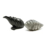 A grey marble sculpture, in the form of a shell, by Angela Hawkins, signed with monogram, British,