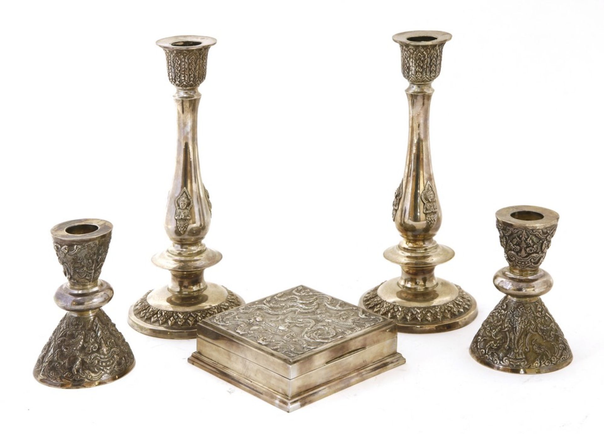 Two pairs Thai silver candlesticks and a box