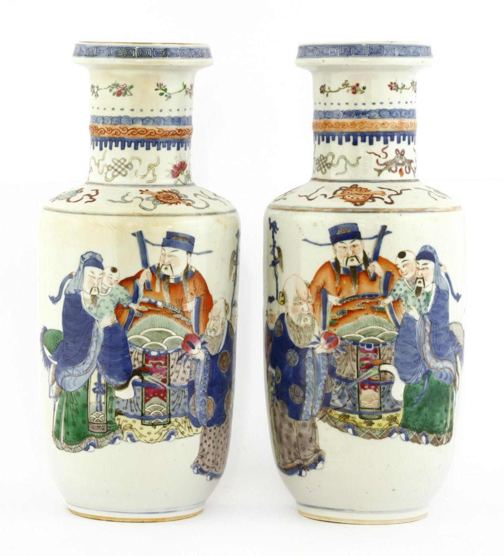 A pair of Chinese famille rose rouleau vases