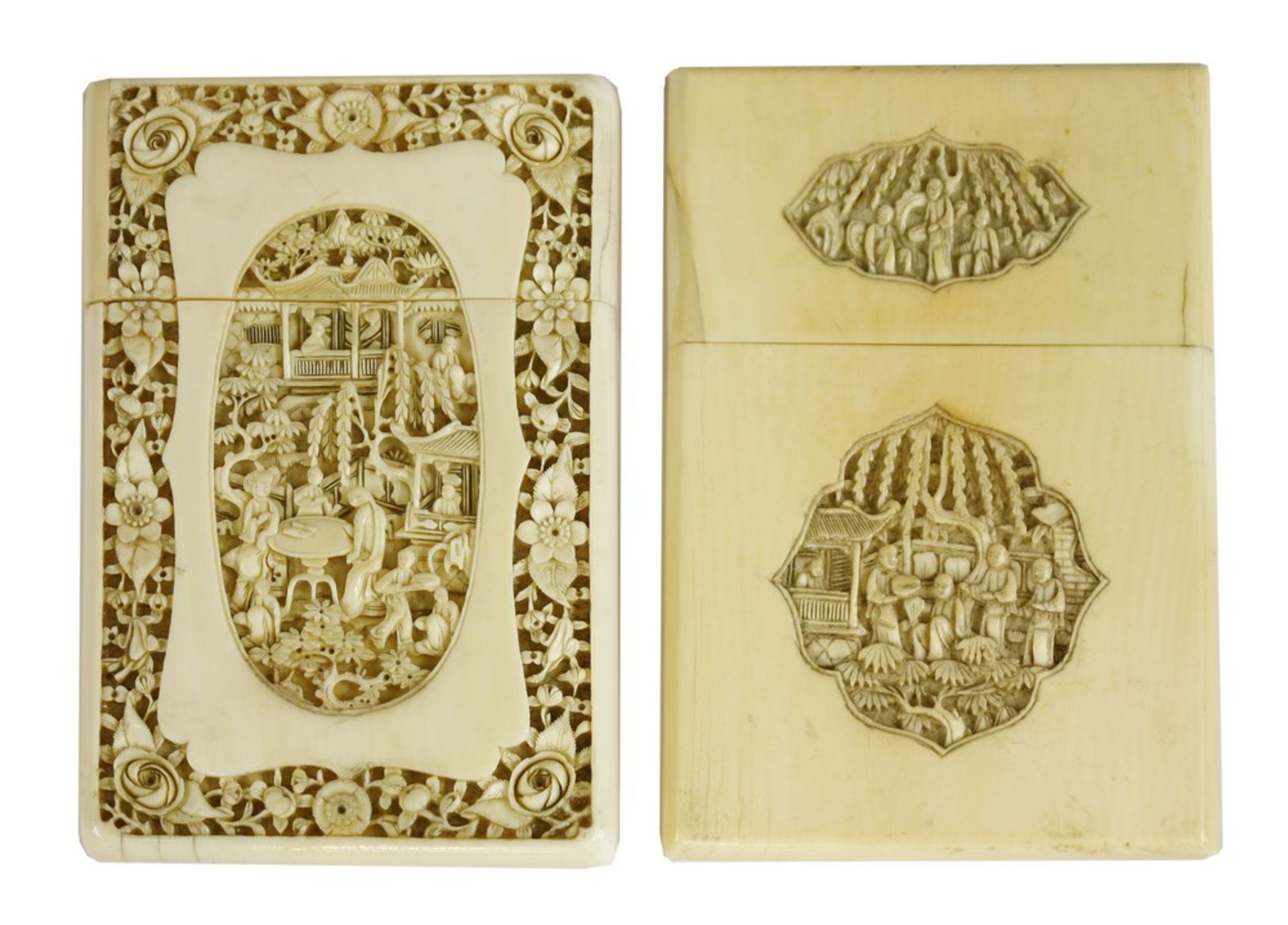 Two Chinese Canton ivory card cases