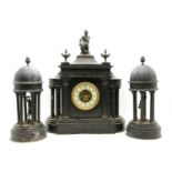 A slate architectural clock garniture,