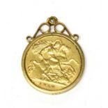 A half sovereign gold pendant coin dated 1910,