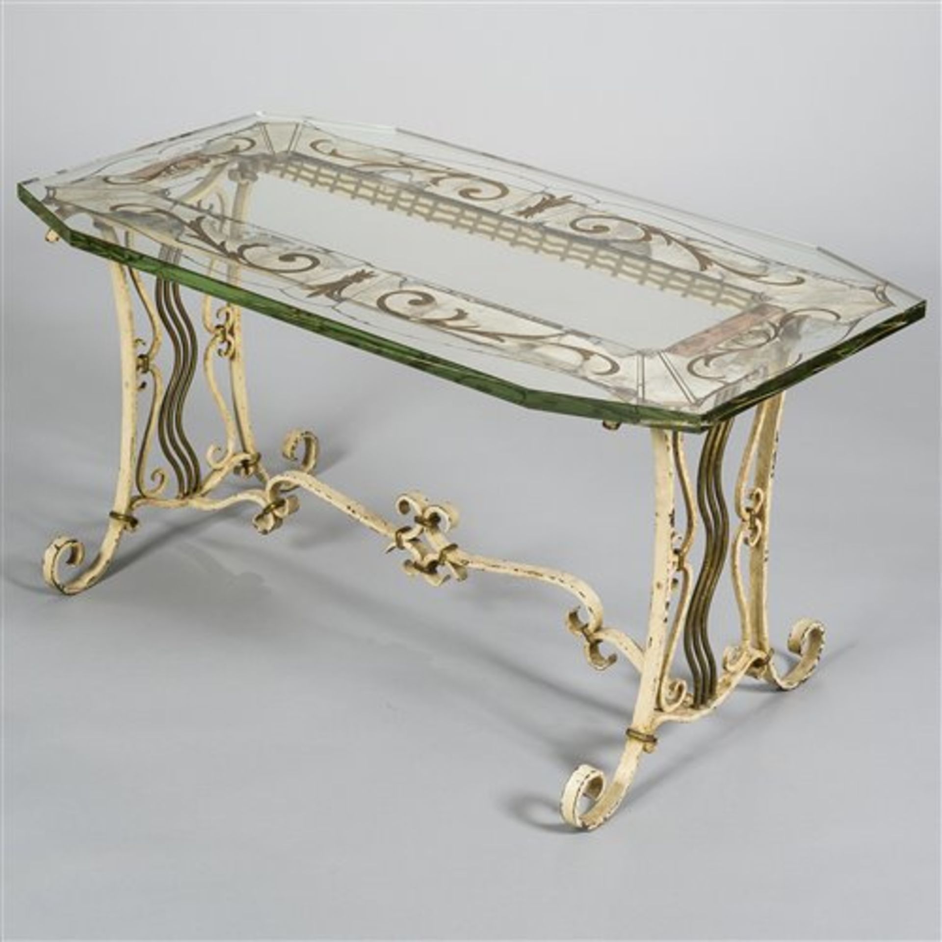 An Italian wrought Iron and glass coffee table,