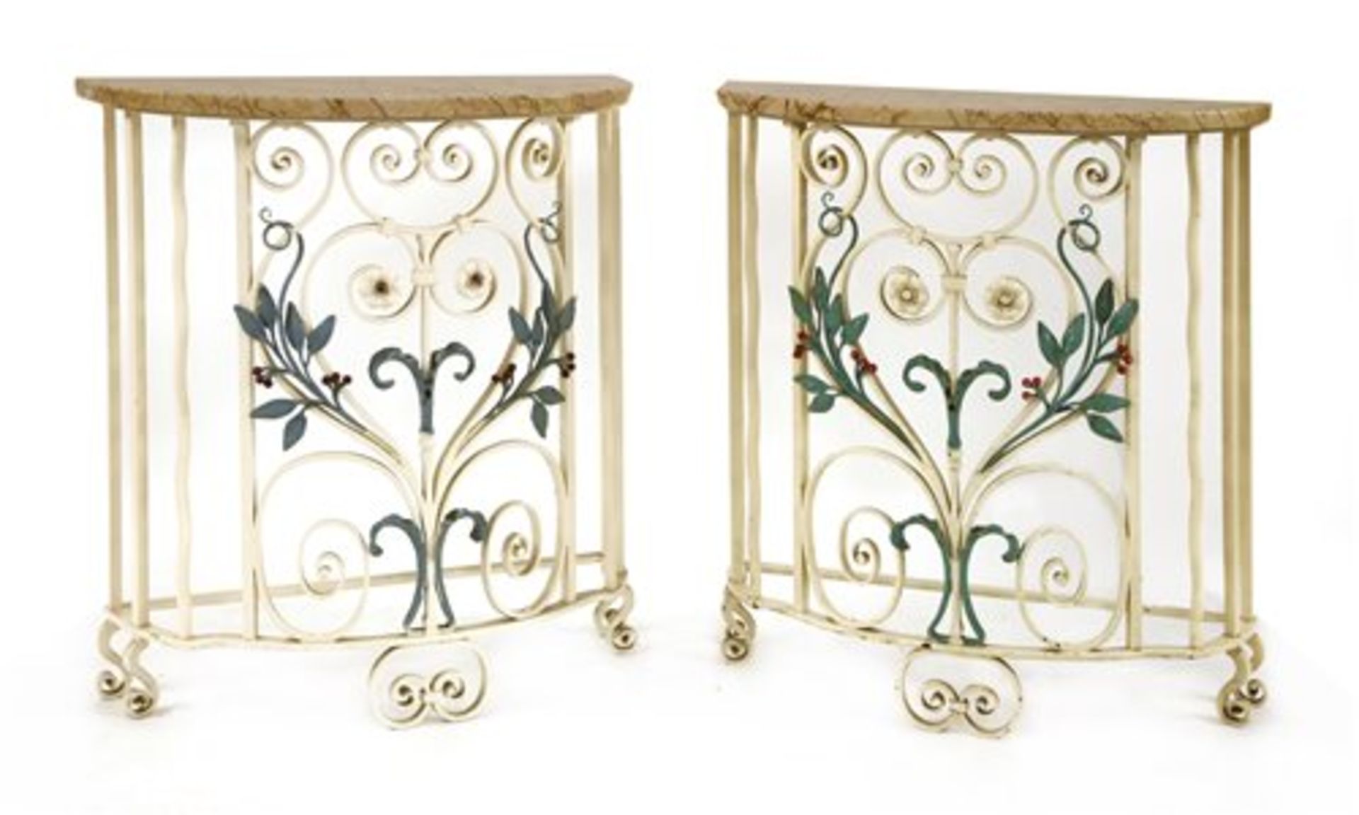 A pair of Art Deco marble and wrought iron console tables