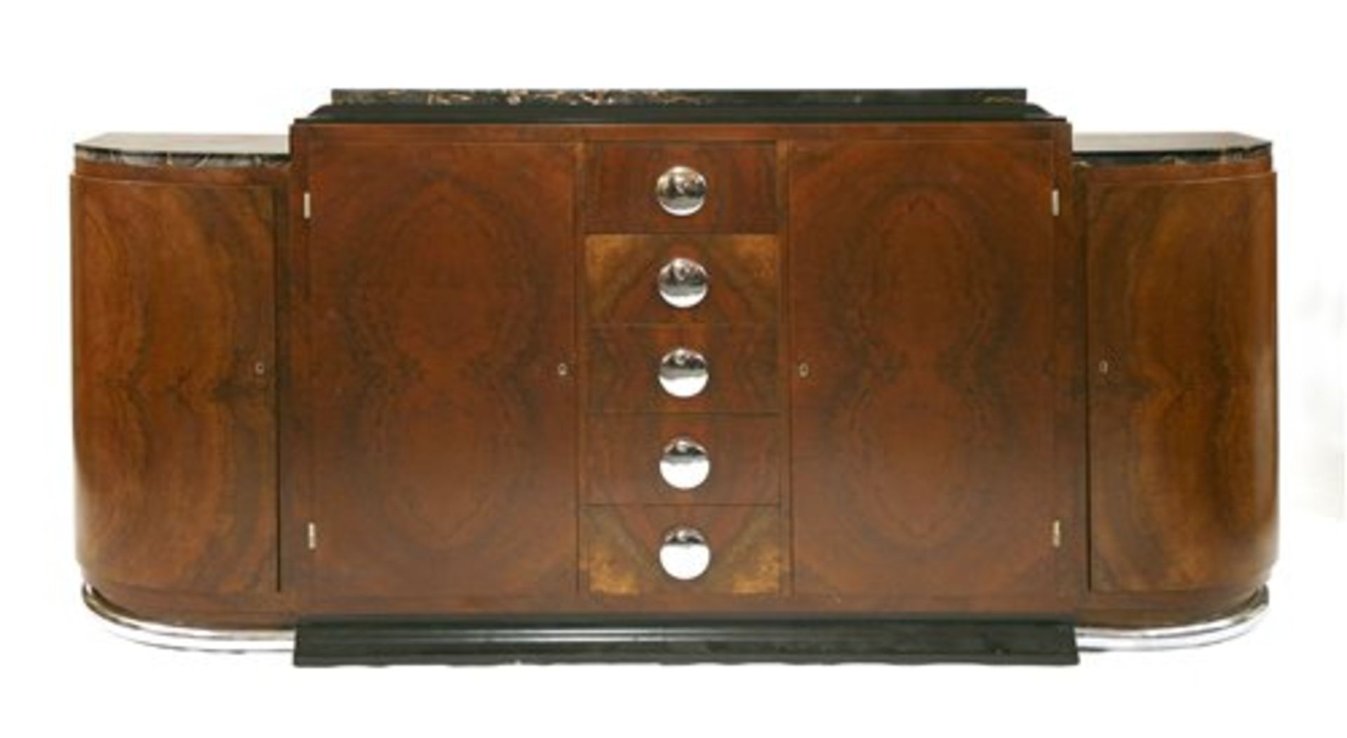 A French Art Deco burr walnut and marble dining suite, - Bild 2 aus 4