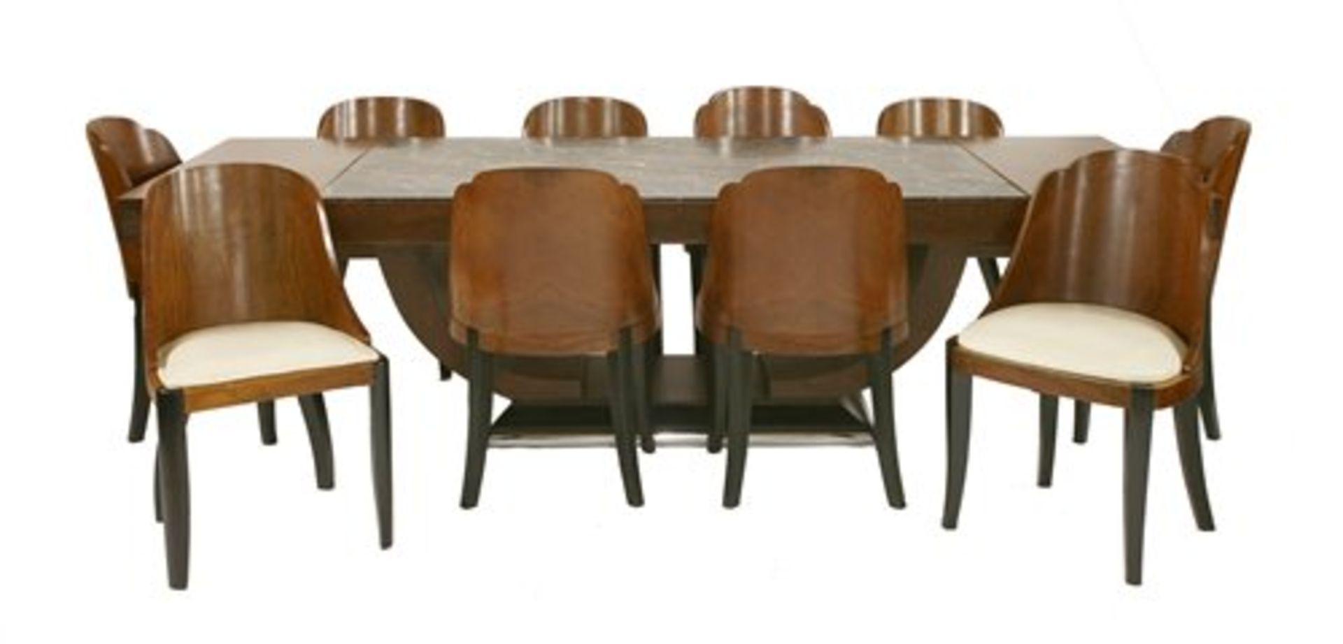 A French Art Deco burr walnut and marble dining suite,