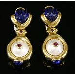 A pair of Italian gold ruby, pearl and synthetic sapphire drop earrings,