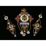 An Italian silver gilt micro mosaic brooch/pendant and earring suite,