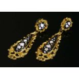 A pair of gilt metal Swiss enamel style drop earrings, c.1830,