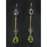 A pair of Edwardian style rose gold amethyst, peridot and cultured pearl drop earrings