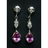A pair of 18ct white gold pink sapphire and diamond drop earrings,