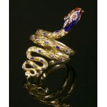 A Continental gold and enamel snake ring