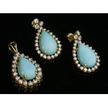 A gold stained howlite and diamond pendant and earring suite
