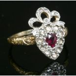 A Georgian style ruby and diamond heart and bow cluster ring