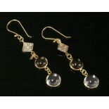 A pair of gold moonstone, smokey quartz and diamond drop earrings
