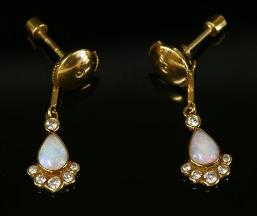 A pair of 18ct gold opal and diamond drop earrings,