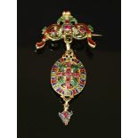 A late Victorian Holbeinesque foiled ruby and diamond enamelled brooch/pendant