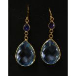 A pair of gold blue topaz and sapphire drop earrings,