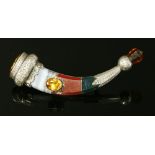 A Scottish silver and hardstone hunting horn form brooch,