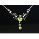 A late Victorian peridot, diamond and pearl necklace, c.1890,