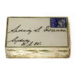 A sterling silver and enamel snuff box in the form of a letter,