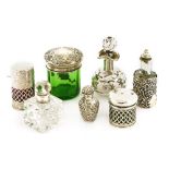 Seven assorted silver and glass scent bottles and dressing table pot,